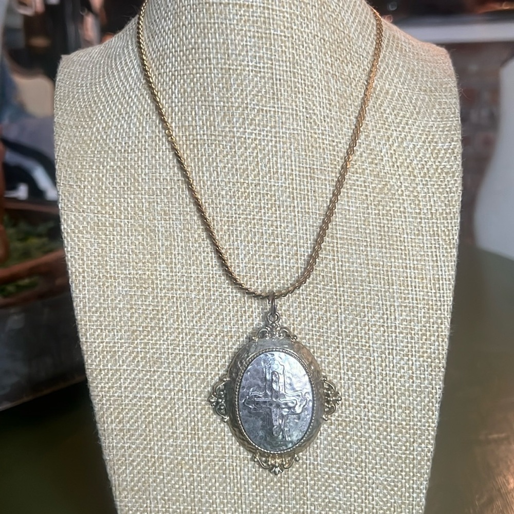 Vintage Two-Tone Cross Pendant Necklace | Gold Tone Chain | Silver & Gold